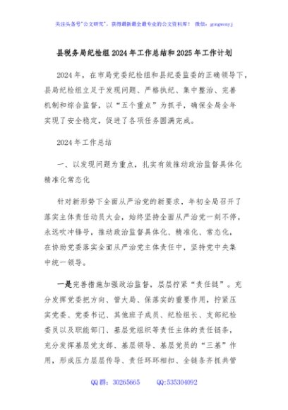 县税务局纪检组2024年工作总结和2025年工作计划
