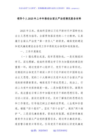 领导个人2025 年上半年推动全面从严治党情况报告材料