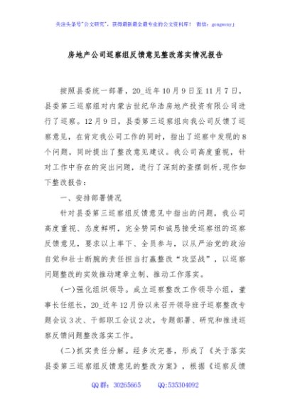 房地产公司巡察组反馈意见整改落实情况报告