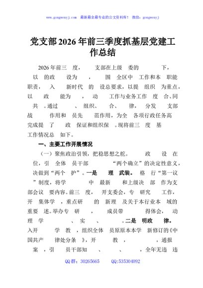 党支部2026年前三季度抓基层党建工作总结