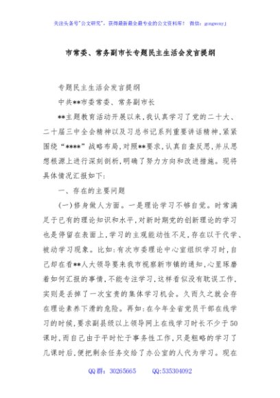 市常委、常务副市长专题民主生活会发言提纲