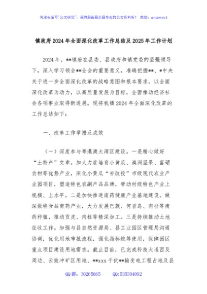 镇政府2024年全面深化改革工作总结及2025年工作计划