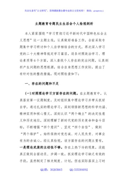 主题教育专题民主生活会个人检视剖析