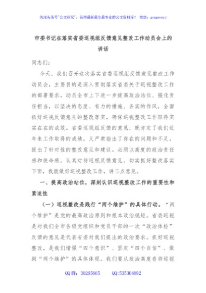 市委书记在落实省委巡视组反馈意见整改工作动员会上的讲话