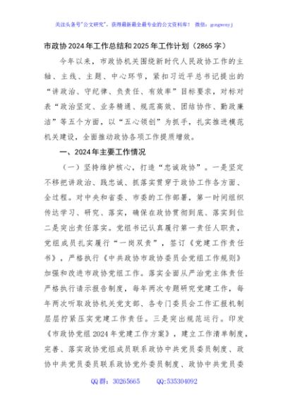 市政协2024年工作总结和2025年工作计划（2865字）