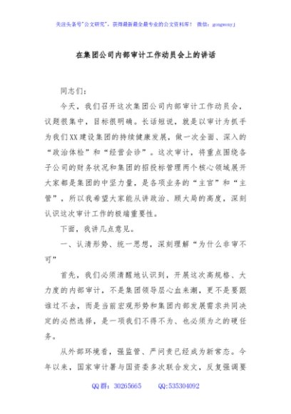 在集团公司内部审计工作动员会上的讲话