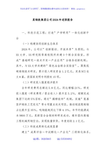 某钢铁集团公司2024年述职报告