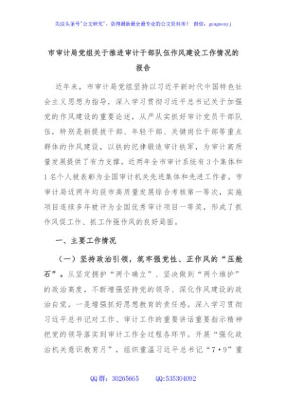市审计局党组关于推进审计干部队伍作风建设工作情况的报告