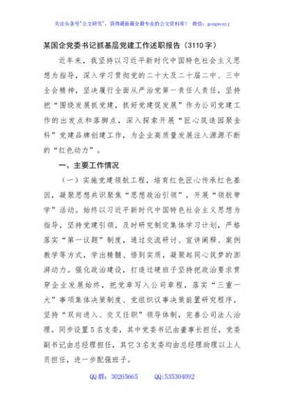 国企党委书记抓基层党建工作述职报告（3110字）