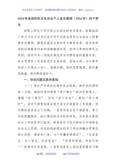 2024年县政府民主生活会个人发言提纲（3554字）四个带头