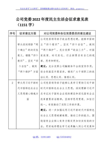 国企党委2022年度民主生活会征求意见表