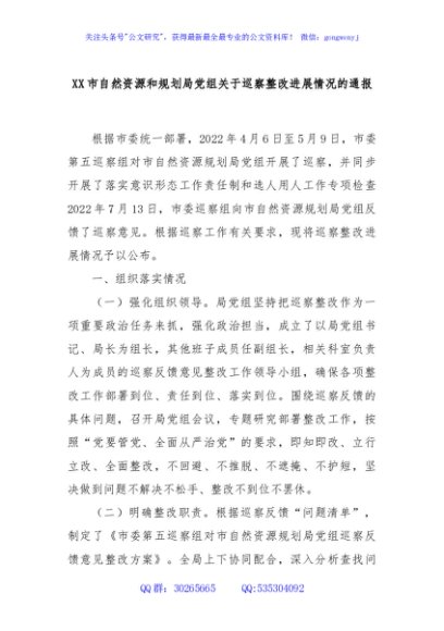 XX市自然资源和规划局党组关于巡察整改进展情况的通报