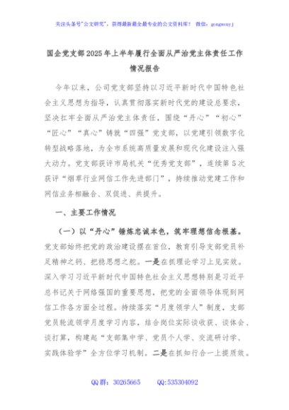 国企党支部2025年上半年履行全面从严治党主体责任工作情况报告