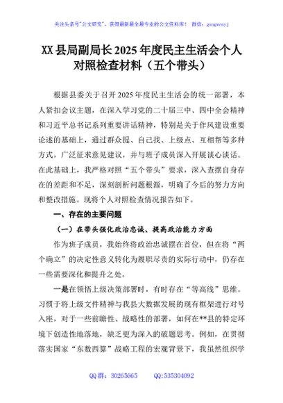 XX县局副局长2025年度民主生活会个人对照检查材料（五个带头）