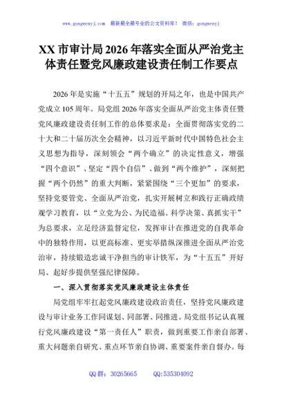 XX市审计局2026年落实全面从严治党主体责任暨党风廉政建设责任制工作要点