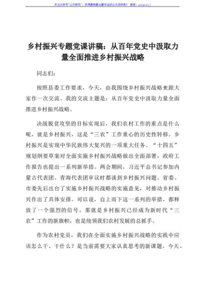 【党课】乡村振兴专题党课讲稿从百年党史中汲取力量全面推进乡村振兴战略