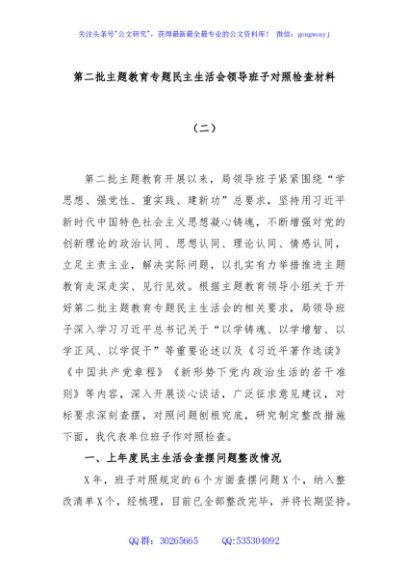 第二批主题教育专题民主生活会领导班子对照检查材料（二）