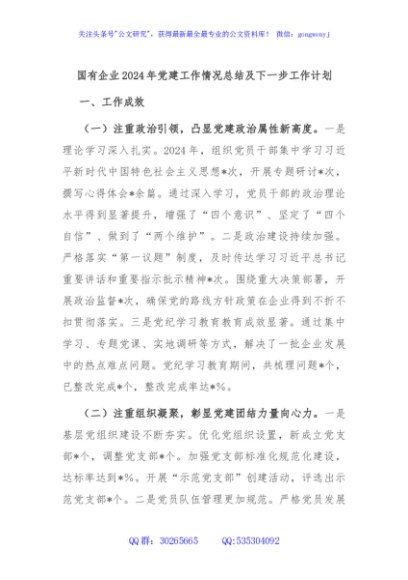 国有企业2024年党建工作情况总结及下一步工作计划