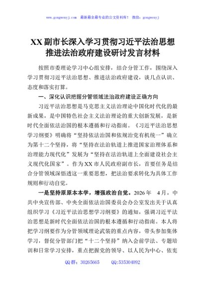 XX副市长深入学习贯彻习近平法治思想推进法治政府建设研讨发言材料