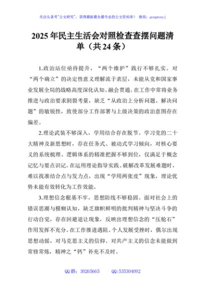 2025年民主生活会对照检查查摆问题清单（共24条）