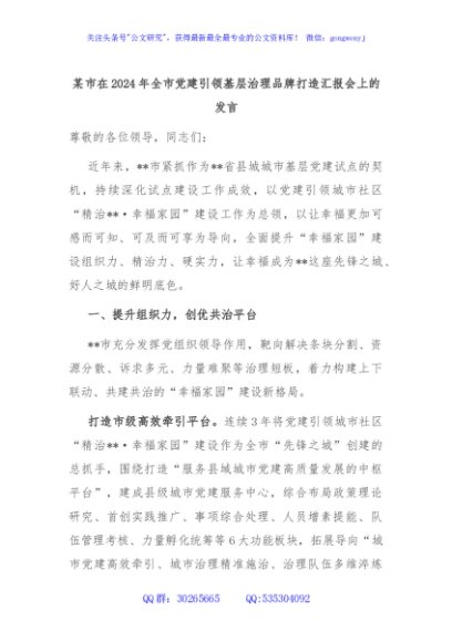 某市在2024年全市党建引领基层治理品牌打造汇报会上的发言
