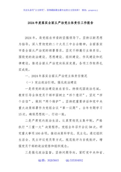 2024年度落实全面从严治党主体责任工作报告