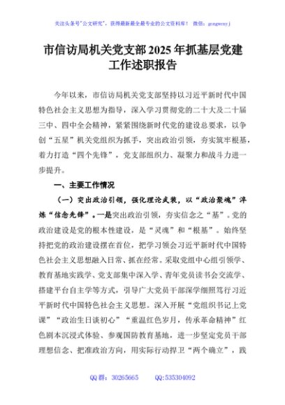 市信访局机关党支部2025年抓基层党建工作述职报告