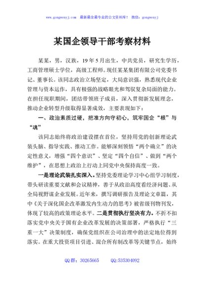某国企领导干部考察材料