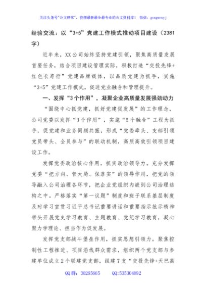 经验交流：以“3+5”党建工作模式推动项目建设（2381字）