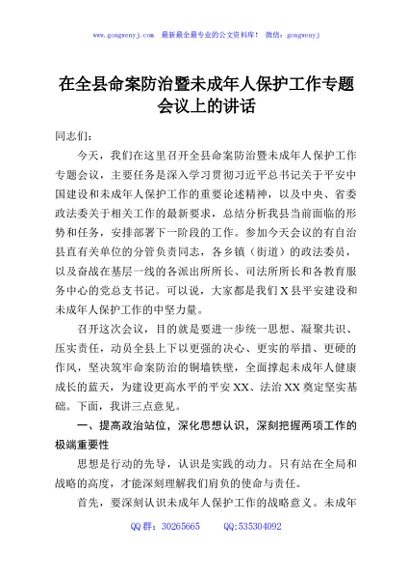 在全县命案防治暨未成年人保护工作专题会议上的讲话