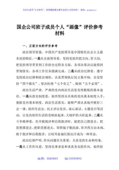 国企公司班子成员个人“画像”评价参考材料