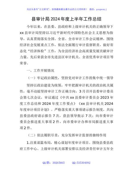 县审计局2024年度上半年工作总结