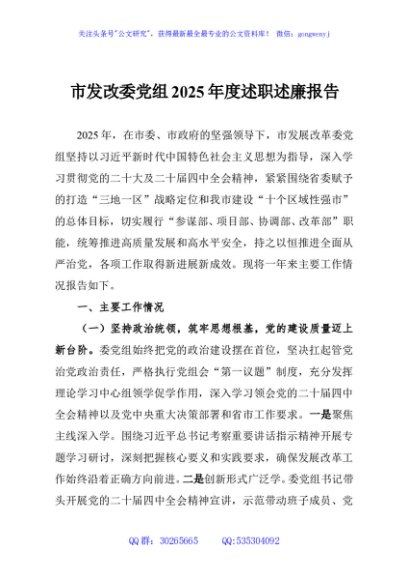 市发改委党组2025年度述职述廉报告