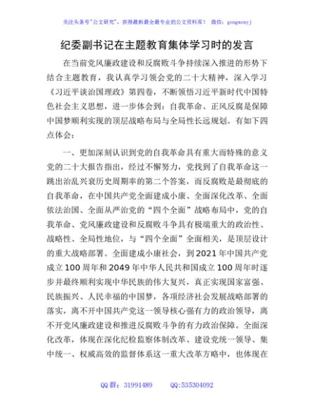 纪委副书记在主题教育集体学习时的发言2600字