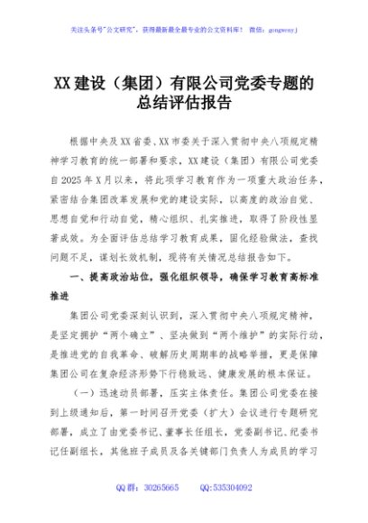 XX建设（集团）有限公司党委专题的总结评估报告