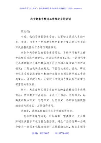 在专题集中整治工作推进会的讲话