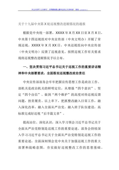 关于十九届中央第X轮巡视整改进展情况的通报
