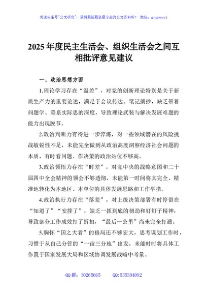 2025年度民主生活会、组织生活会之间互相批评意见建议