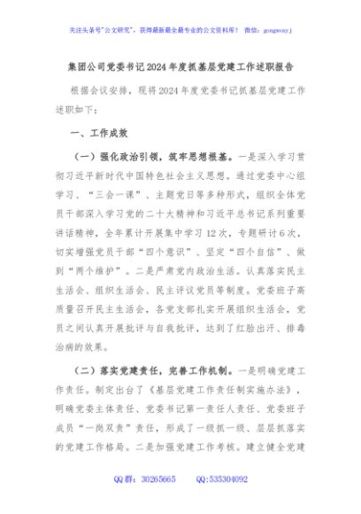 集团公司党委书记2024年度抓基层党建工作述职报告