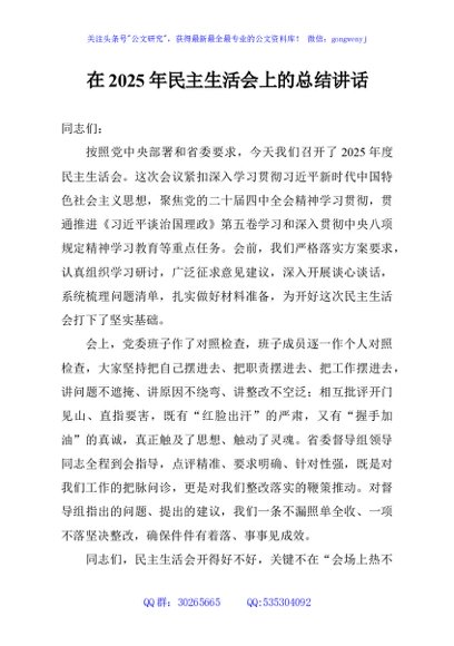 在2025年民主生活会上的总结讲话