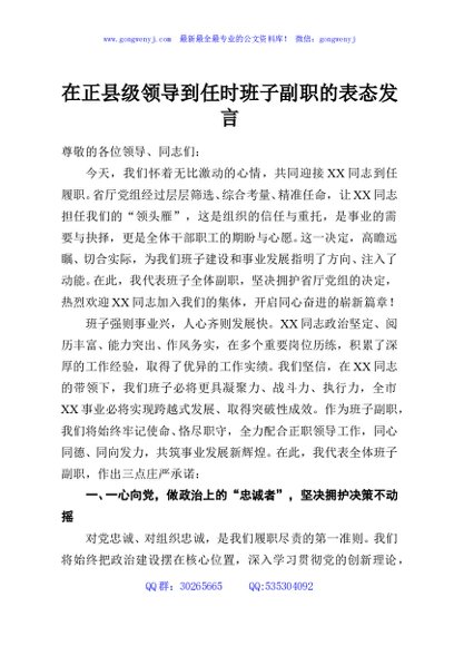 在正县级领导到任时班子副职的表态发言