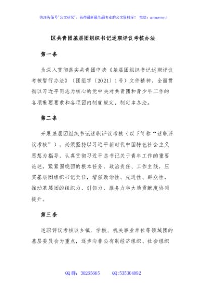 区共青团基层团组织书记述职评议考核办法