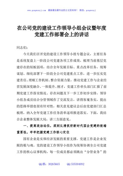 在公司党的建设工作领导小组会议暨年度党建工作部署会上的讲话