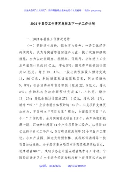 2024年县委工作情况总结及下一步工作计划