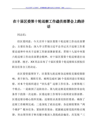 在十届区委第十轮巡察工作动员部署会上的讲话