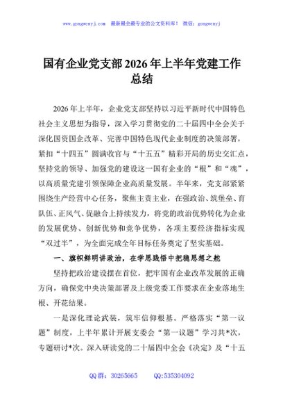 国有企业党支部2026年上半年党建工作总结