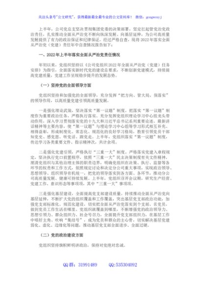 国企公司党组织2022年上半年落实全面从严治党责任制自查报告