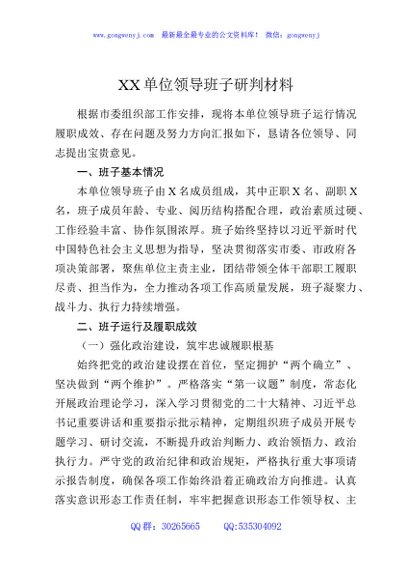 XX单位领导班子研判材料