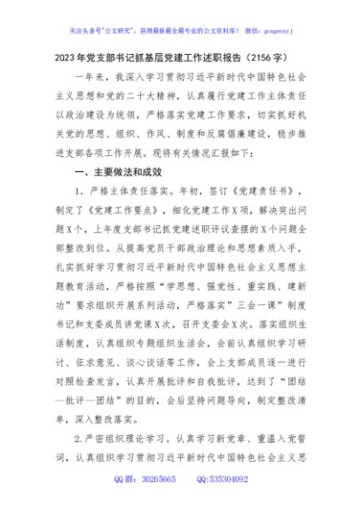 2023年党支部书记抓基层党建工作述职报告