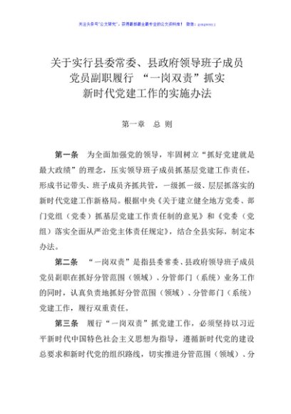 实行县委常委、县政府领导班子成员党员副职履行 一岗双责抓实新时代党建工作的实施办法